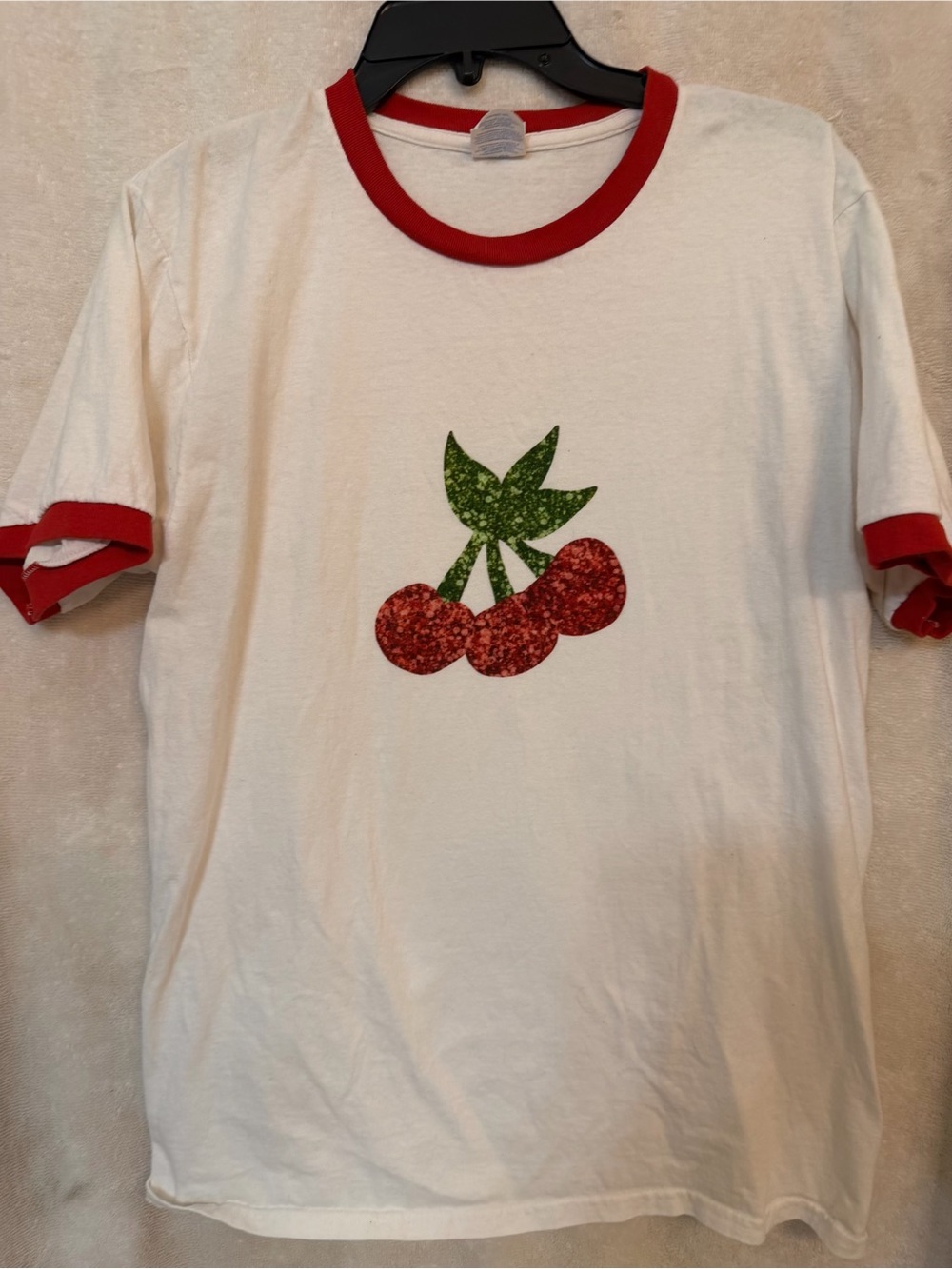Women white & Red Ringer Tee with Cherry Graphic